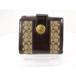 Coach Signature C Canvas Patent Leather Bifold Wallet Brown Tan Gold Medallion‎